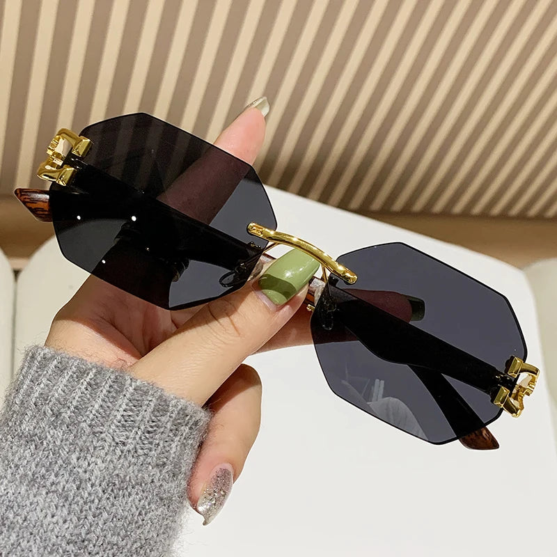 Vintage Rimless Polygonal Metal Frame Sunglasses with Leopard Design Unisex Outdoor Party Vacation Travel Driving Photo