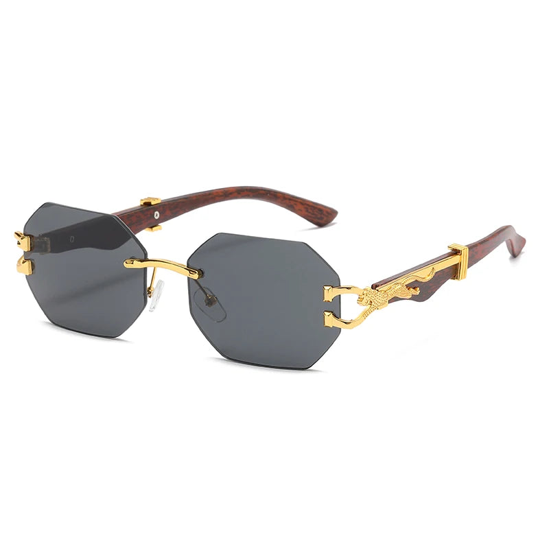 Vintage Rimless Polygonal Metal Frame Sunglasses with Leopard Design Unisex Outdoor Party Vacation Travel Driving Photo